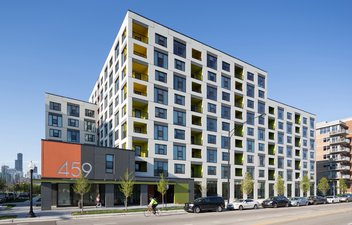 exterior full view of terrace 459 from street showing building envelope