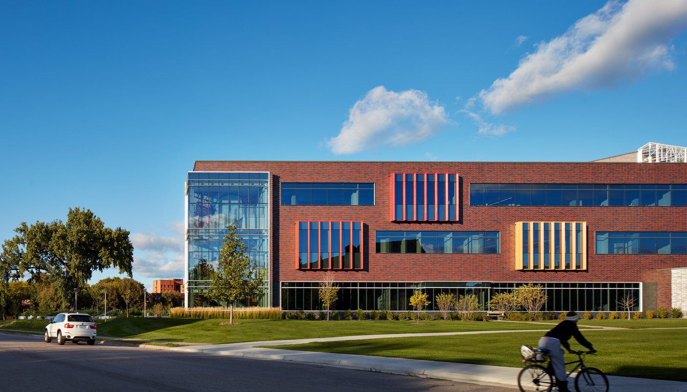 exterior view of augsburg university with a thin brick finish