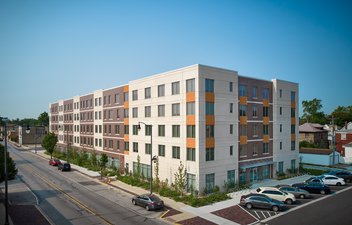 aerial view of fifth avenue apartments showing the prefabricated building envelope