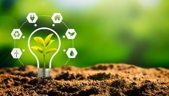 sprout coming out of dirt with sustainability icons surrounding it