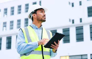 construction worker examining building
