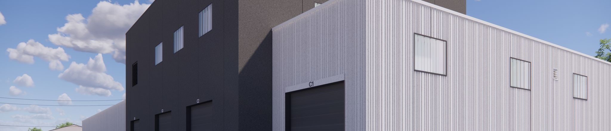 rendering of the grand forks service center exterior with garage doors