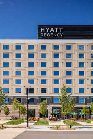 Straight view of the front of Hyatt Regency Hotel at Bloomington Central Station.