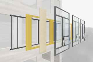 graphic of a unitized building envelope system extrapolated off a building to show layers