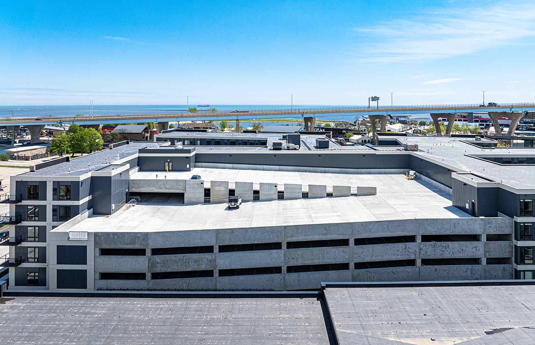 keading parking deck close up straight on view with lake in back