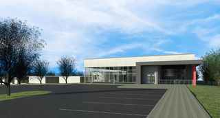 rendering showing parking lot and office entry of service center