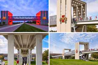 collage of isu jack trice gateway bridge imagery