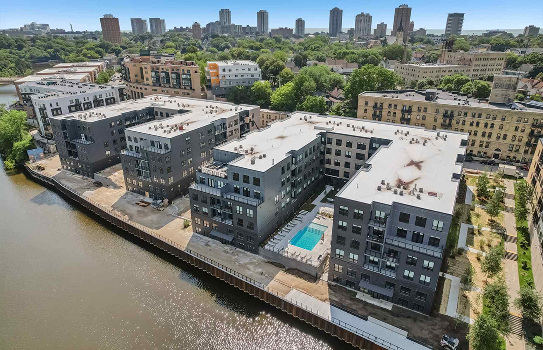 view of both new river house apartments from river