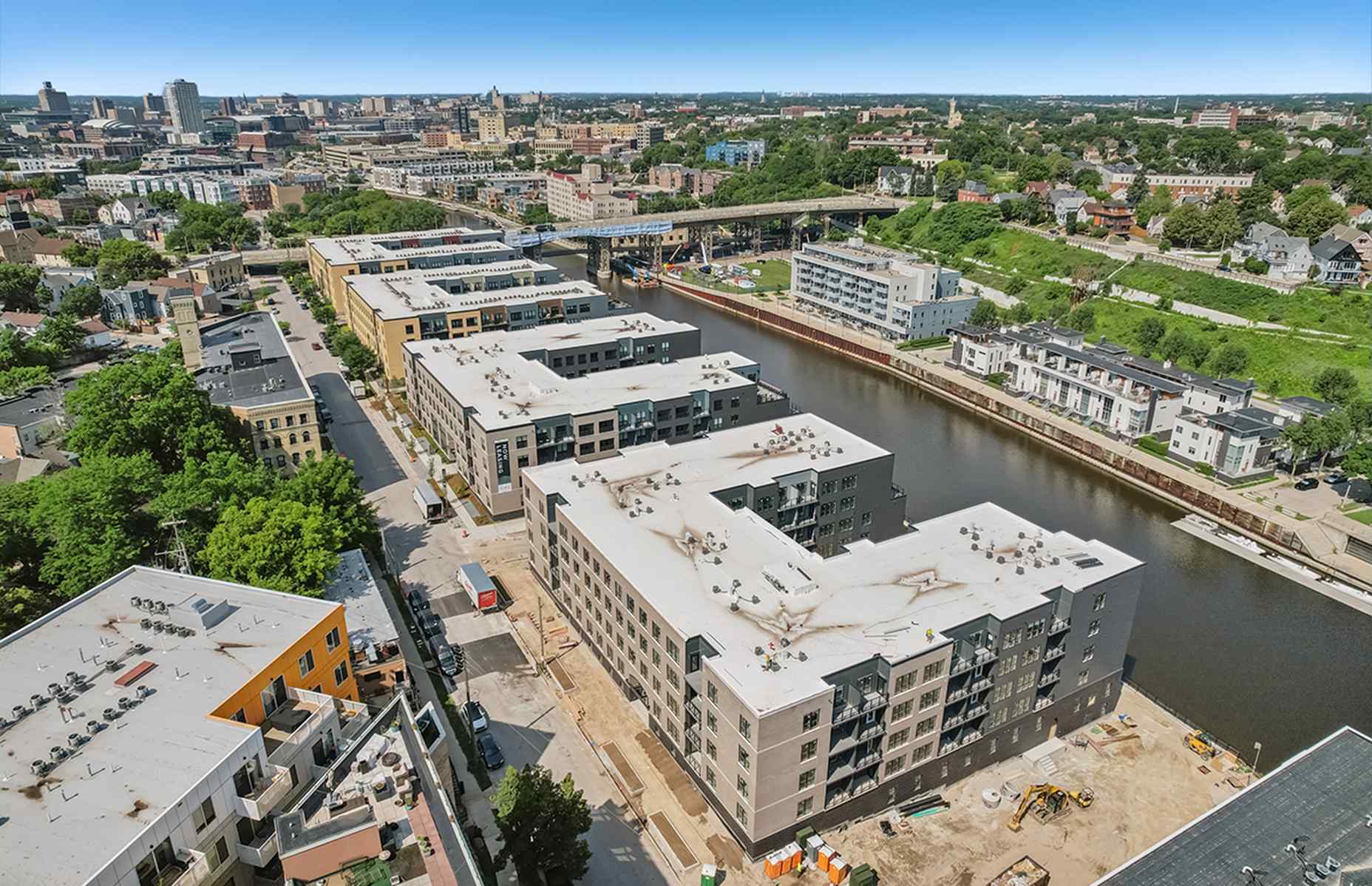 front side view with milwaukee river and city in back