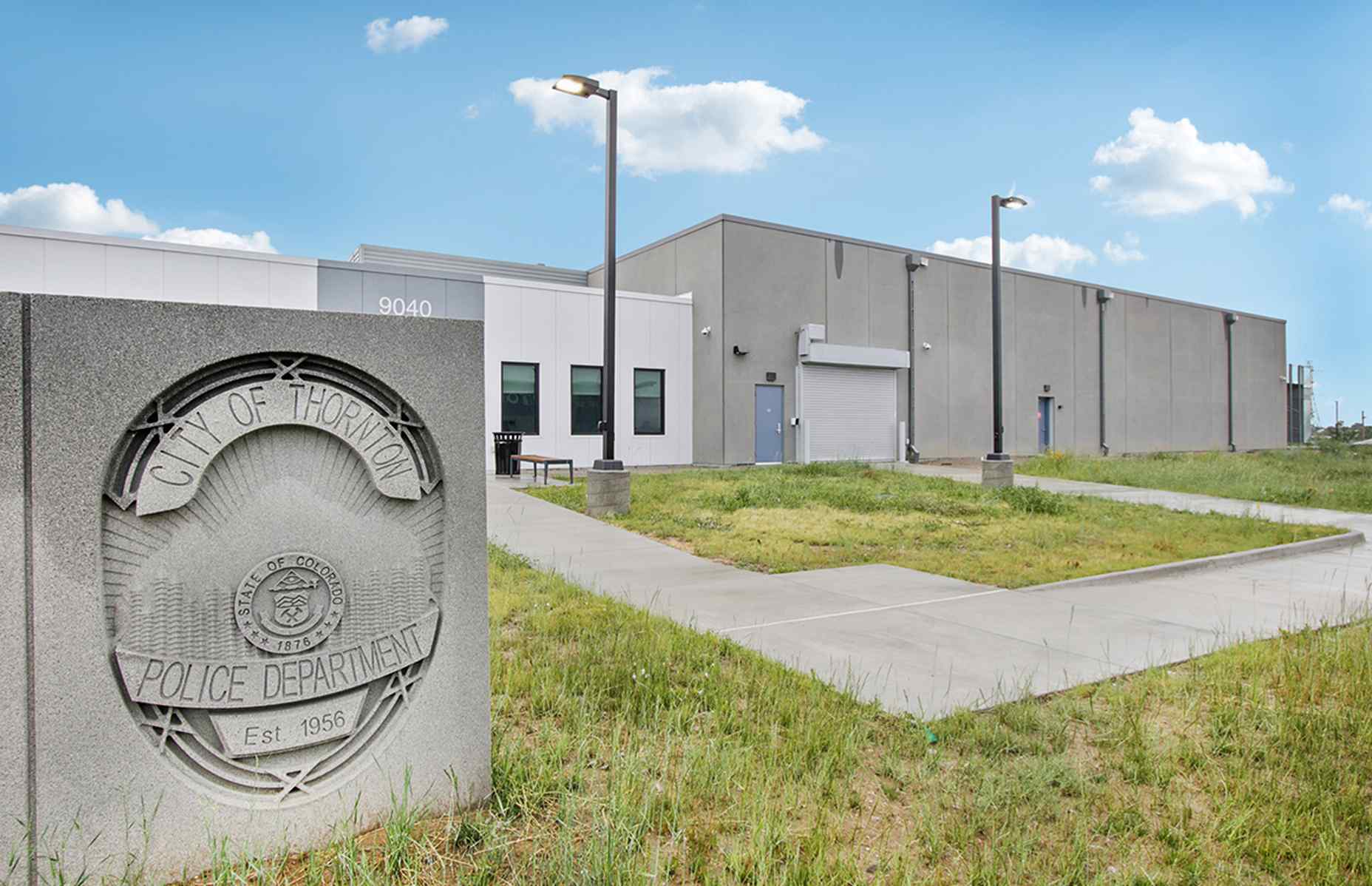 thornton police shooting range badge sign and building exterior