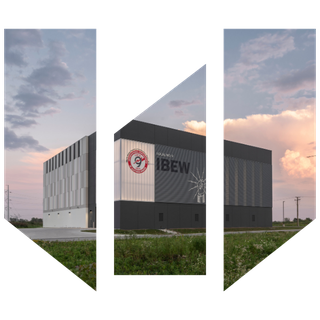 IBEW crane facility exterior at dusk