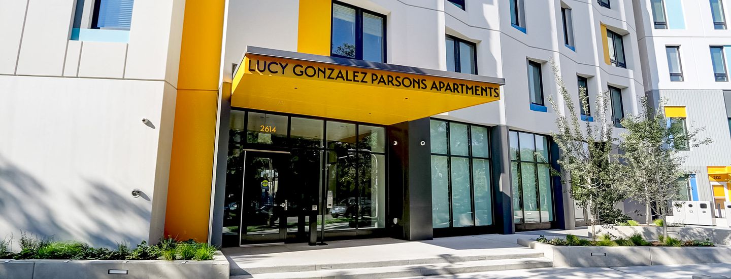 entrance of lucy gonzalez parsons apartments