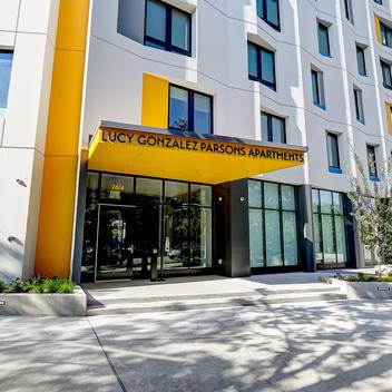 entrance of lucy gonzalez parsons apartments