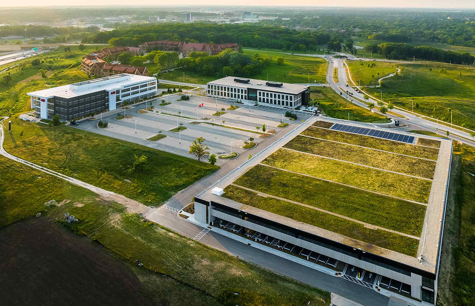 aerial shot of innovation one office building with parking structure