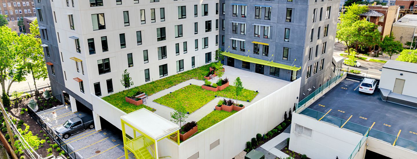 aerial view of stephens commons with rooftop terrace