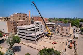 aerial view of thriveon parking garage during construction