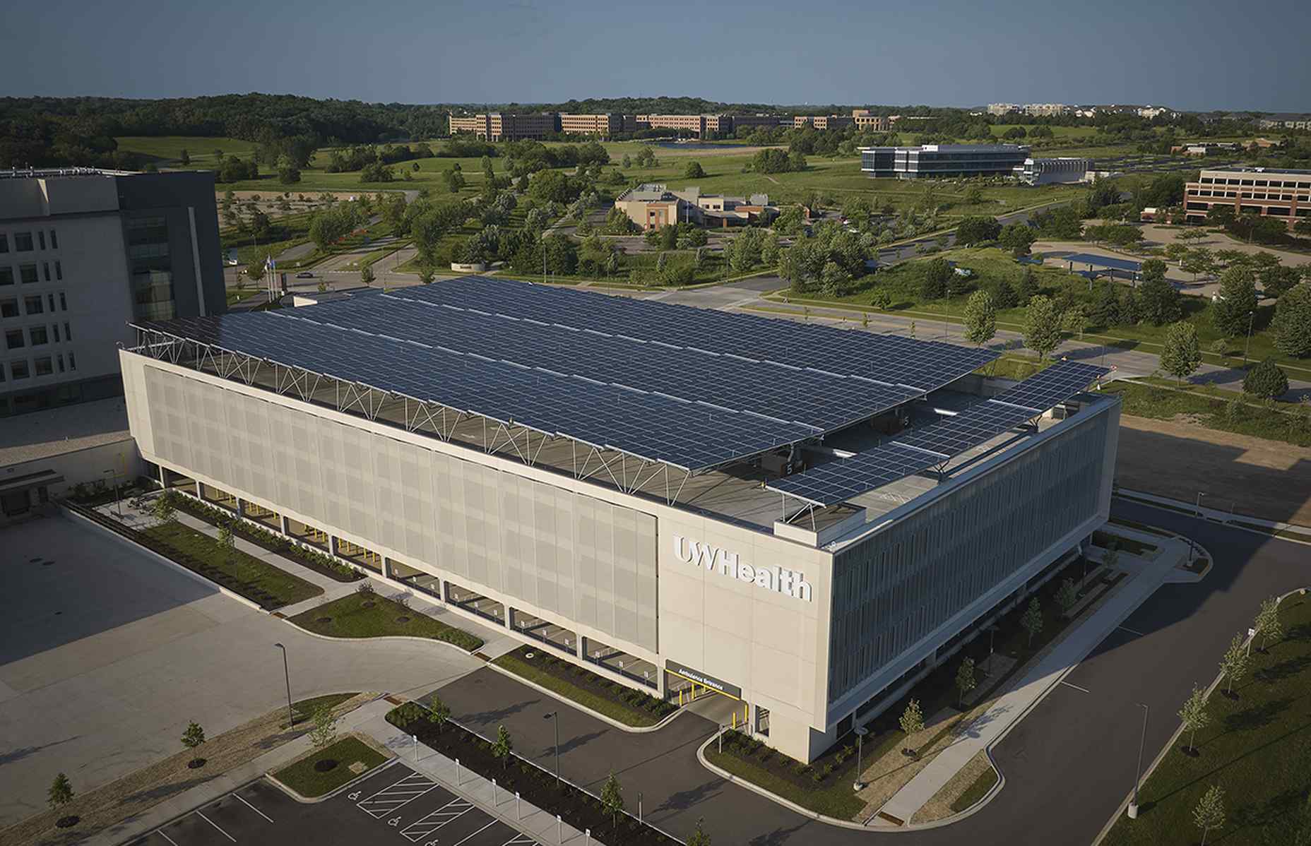 exterior of parking garage aerial uw health