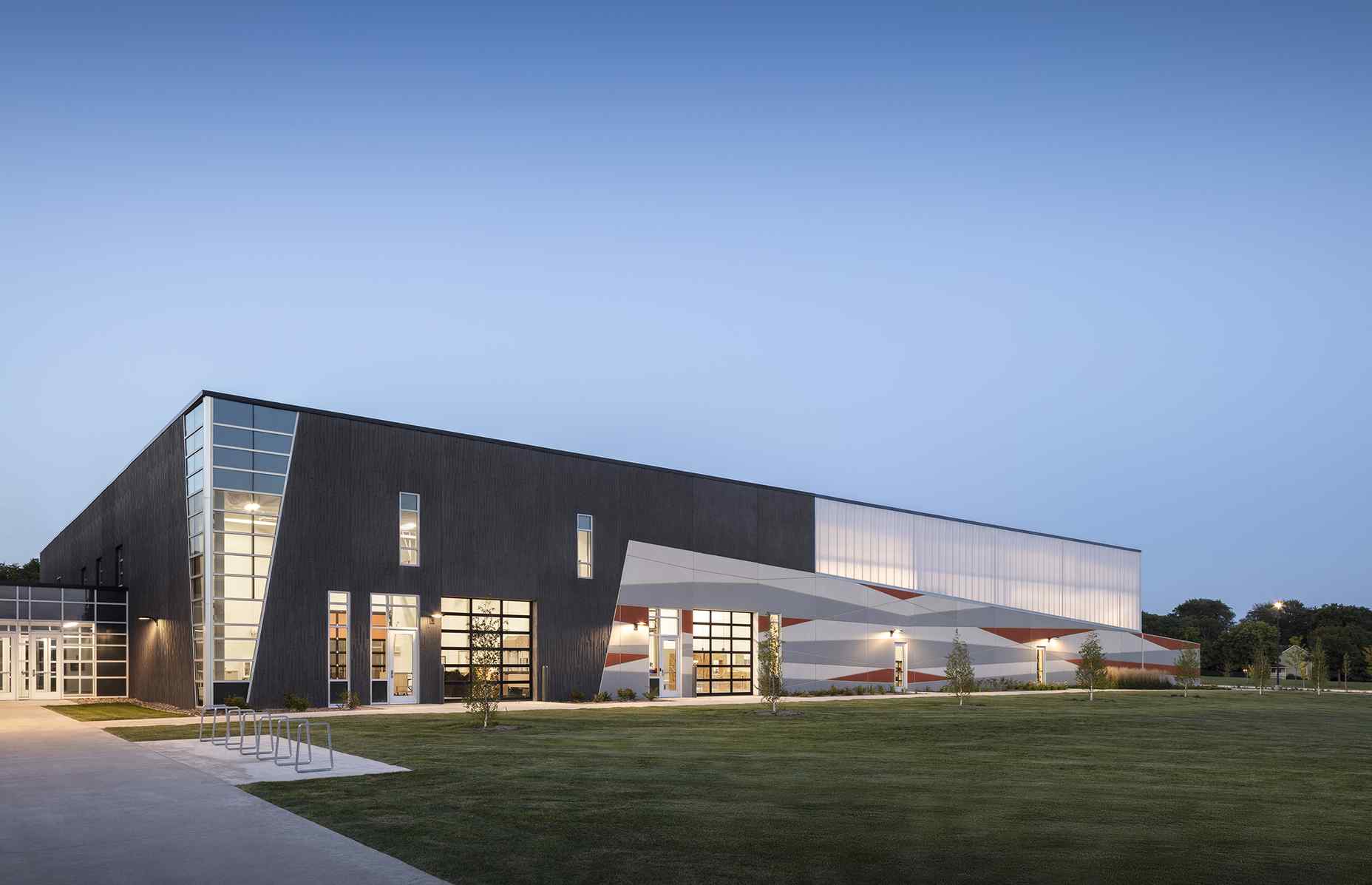 angled view of valley southwoods freshman high school CTE addition at dusk