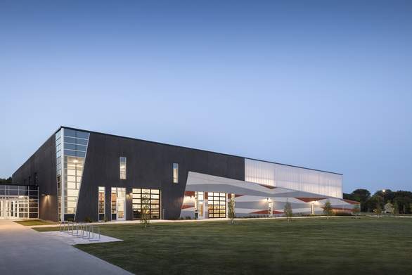 exterior of valley southwoods freshman high school CTE addition at night