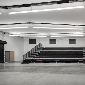 interior of valley southwoods freshman high school storm shelter with safety garage doors closed